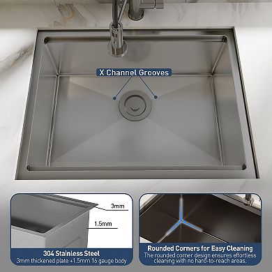 32" x 19" Undermount Workstation Kitchen Sink, Single Bowl w/Cutting Board, Rack, No Faucet