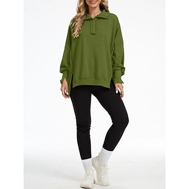 Women's Loose fit Long Sleeve Sweatshirt Lantern Sleeves Henley Collar Sweatshirt