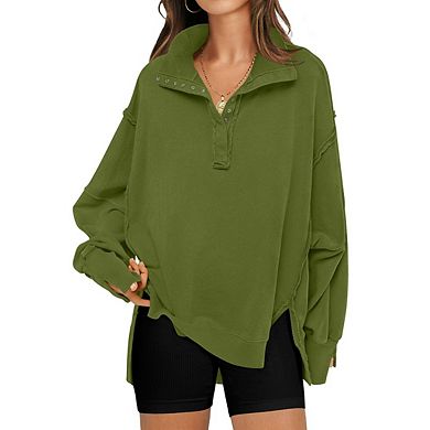 Women's Loose fit Long Sleeve Sweatshirt Lantern Sleeves Henley Collar Sweatshirt