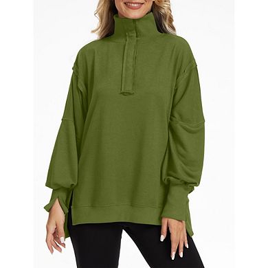 Women's Loose fit Long Sleeve Sweatshirt Lantern Sleeves Henley Collar Sweatshirt