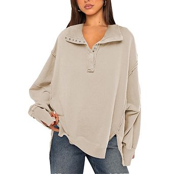 Women's Loose fit Long Sleeve Sweatshirt Lantern Sleeves Henley Collar Sweatshirt