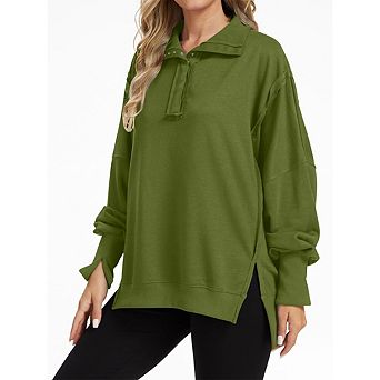 Women's Loose fit Long Sleeve Sweatshirt Lantern Sleeves Henley Collar Sweatshirt