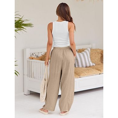 Women's Cropped Harem Wide-Leg Pants Straight Leg Elastic Waistband Drawstring Pants With Pockets