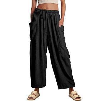 Women's Cropped Harem Wide-Leg Pants Straight Leg Elastic Waistband Drawstring Pants With Pockets