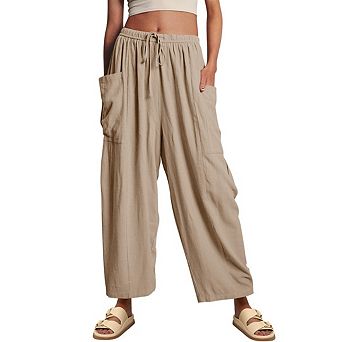 Women's Cropped Harem Wide-Leg Pants Straight Leg Elastic Waistband Drawstring Pants With Pockets