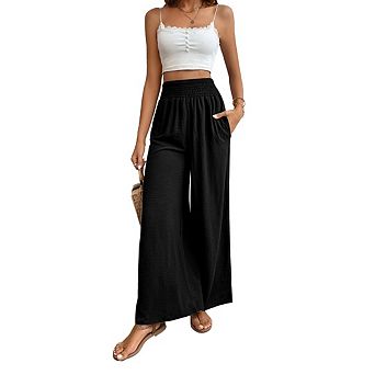 Women's Textured Linen Palazzo Long Pants Elastic Waistband Wide Leg High Waist Lounge Pants