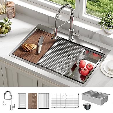 33" x 22" Drop-In Kitchen Sink, Single Bowl Topmount w/Faucet, Cutting Board, Dish/Drying Rack