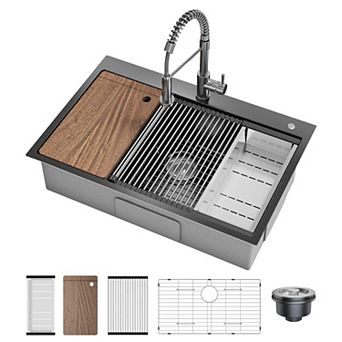 33" x 22" Drop-In Kitchen Sink, Single Bowl Topmount w/Faucet, Cutting Board, Dish/Drying Rack
