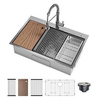 33" x 22" Drop-In Kitchen Sink, Single Bowl Topmount w/Faucet, Cutting Board, Dish/Drying Rack