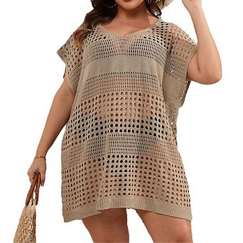 Women's Large Size Bikini Solid Color Grid Cover-up
