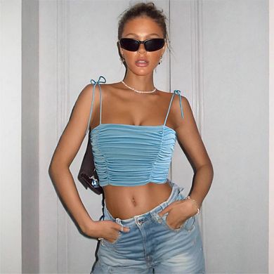 Women's Summer Crop Tank Top Sleeveless Spaghetti Straps Bow Tie Camisole Ruched