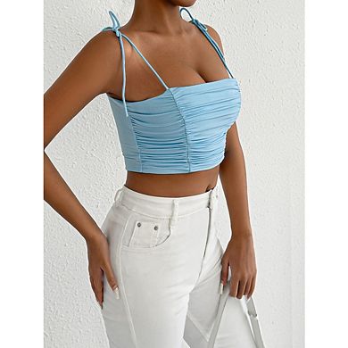 Women's Summer Crop Tank Top Sleeveless Spaghetti Straps Bow Tie Camisole Ruched