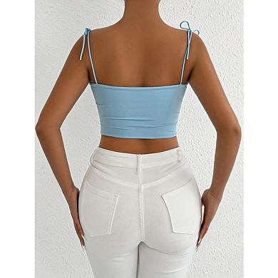 Women's Summer Crop Tank Top Sleeveless Spaghetti Straps Bow Tie Camisole Ruched