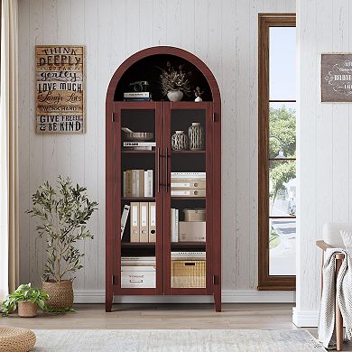 Arched Bookcase with Doors Kitchen Pantry Storage Cabinet Farmhouse Display Shelf Adjustable Tiers