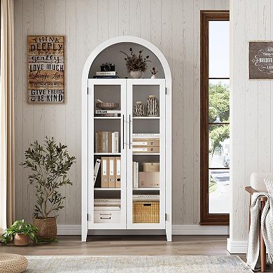 Arched Bookcase with Doors Kitchen Pantry Storage Cabinet Farmhouse Display Shelf Adjustable Tiers