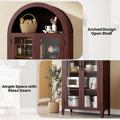 Arched Bookcase with Doors Kitchen Pantry Storage Cabinet Farmhouse Display Shelf Adjustable Tiers