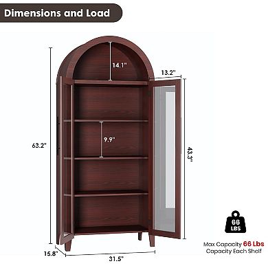 Arched Bookcase with Doors Kitchen Pantry Storage Cabinet Farmhouse Display Shelf Adjustable Tiers