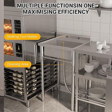 28" Freestanding Stainless Steel Utility Sink, Deep Single Bowl Basin with Storage Shelf