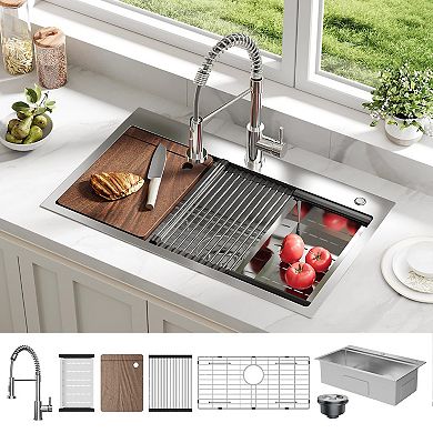 30" x 18" Drop-In Kitchen Sink, Single Bowl Topmount w/Faucet, Cutting Board, Dish/Drying Rack