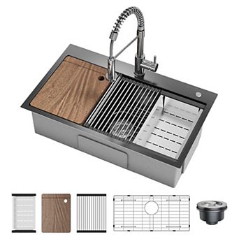 30" x 18" Drop-In Kitchen Sink, Single Bowl Topmount w/Faucet, Cutting Board, Dish/Drying Rack