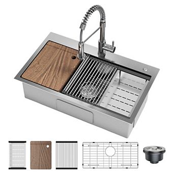 30" x 18" Drop-In Kitchen Sink, Single Bowl Topmount w/Faucet, Cutting Board, Dish/Drying Rack