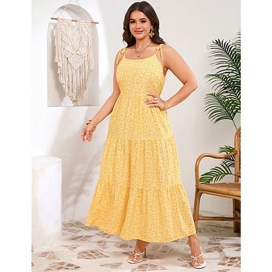 Women's Plus Size Floral Print Spaghetti Strap Maxi Dress U-Neck Layered Spaghetti Strap Maxi Dress