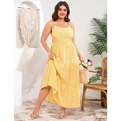 Women's Plus Size Floral Print Spaghetti Strap Maxi Dress U-Neck Layered Spaghetti Strap Maxi Dress