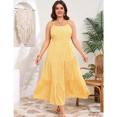 Women's Plus Size Floral Print Spaghetti Strap Maxi Dress U-Neck Layered Spaghetti Strap Maxi Dress