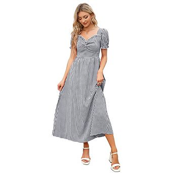 Women's Square Neck Puff Sleeve Plaid Dress Slim Fit V-Neck Ruffled Midi Dress