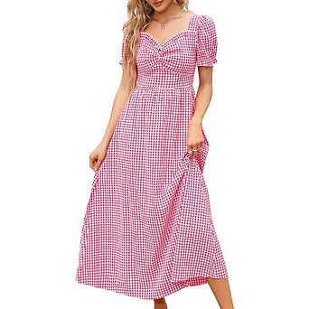 Women's Square Neck Puff Sleeve Plaid Dress Slim Fit V-Neck Ruffled Midi Dress