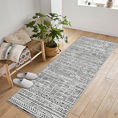 Moroccan Geometric Hallway Runner - Washable Non-Slip Soft Low Pile Rug for Entryway Kitchen