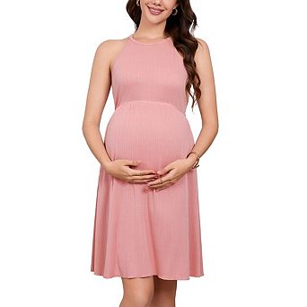 Women's Round Neck Halter Knit Mini Dress Sleeveless Solid Color A-line Pleated Dress