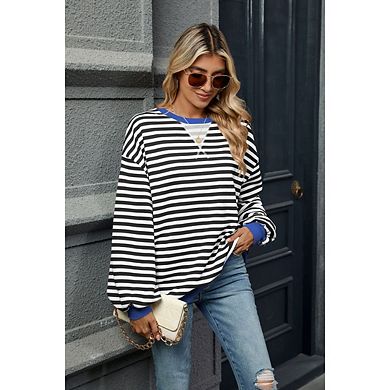 Women Oversize Striped Crewneck Sweatshirt Long Sleeve Color Block Pullover Tops Loose Workout Shirt