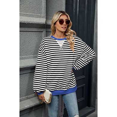 Women Oversize Striped Crewneck Sweatshirt Long Sleeve Color Block Pullover Tops Loose Workout Shirt