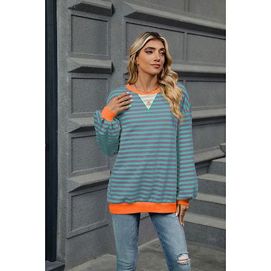 Women Oversize Striped Crewneck Sweatshirt Long Sleeve Color Block Pullover Tops Loose Workout Shirt