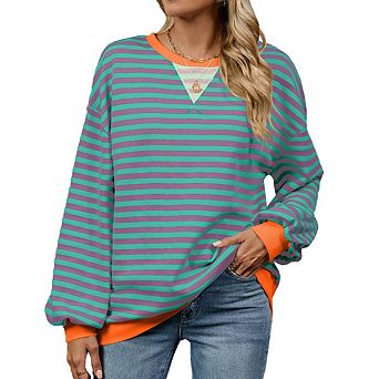 Women Oversize Striped Crewneck Sweatshirt Long Sleeve Color Block Pullover Tops Loose Workout Shirt