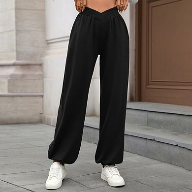 Women's Wide Leg High Waist Jogger Pants Crossover Solid Color Loose Fit Pants with Pockets