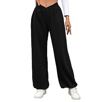 Women's Wide Leg High Waist Jogger Pants Crossover Solid Color Loose Fit Pants with Pockets