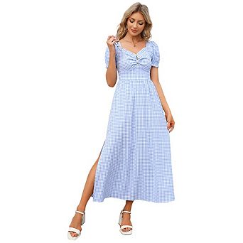 Women's Square Neck Puff Sleeve Plaid Dress Slim Fit V-Neck Ruffled Midi Dress