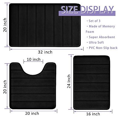 3-piece set Memory Foam Bath Rug Set Non-Slip Absorbent Shaggy Soft