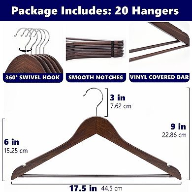 20pcs Vintage Walnut Wooden Coat Hangers with Non-Slip Pant Bar