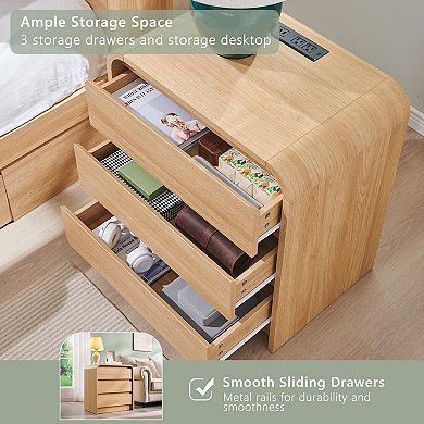 Modern Nightstand with Charging Station 3-Drawer Curved Bedroom End Table