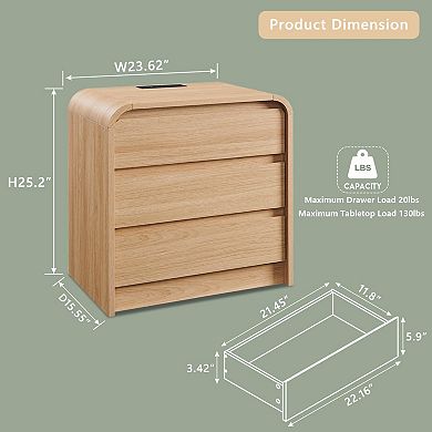 Modern Nightstand with Charging Station 3-Drawer Curved Bedroom End Table