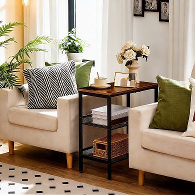 Rustic 3-Tier End Table Adjustable 2-Shelf Narrow Nightstand