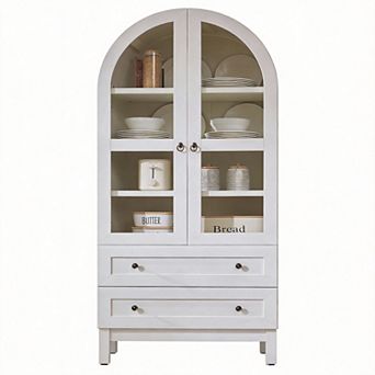 Arched Pantry Cabinet Farmhouse Wood Storage Drawers Shelves