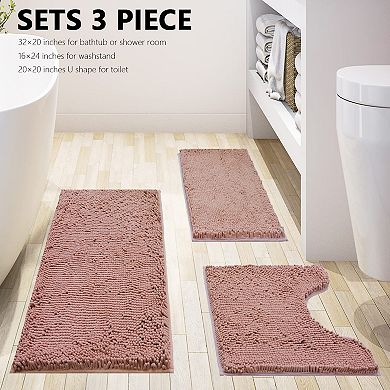 3-piece chenille plush bathroom rug set, non-slip, machine washable, plush material.