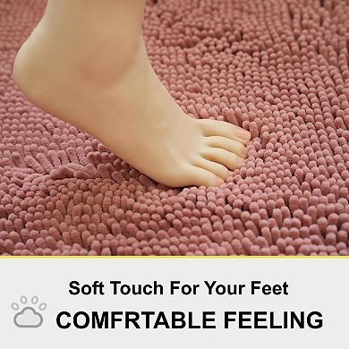 3-piece chenille plush bathroom rug set, non-slip, machine washable, plush material.