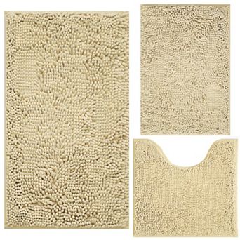 3 pc chenille plush bathroom rug set, non-slip, machine washable, plush material.