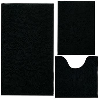 3 pc chenille plush bathroom rug set, non-slip, machine washable, plush material.