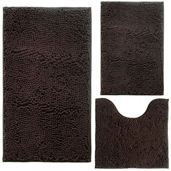 3 pc chenille plush bathroom rug set, non-slip, machine washable, plush material.
